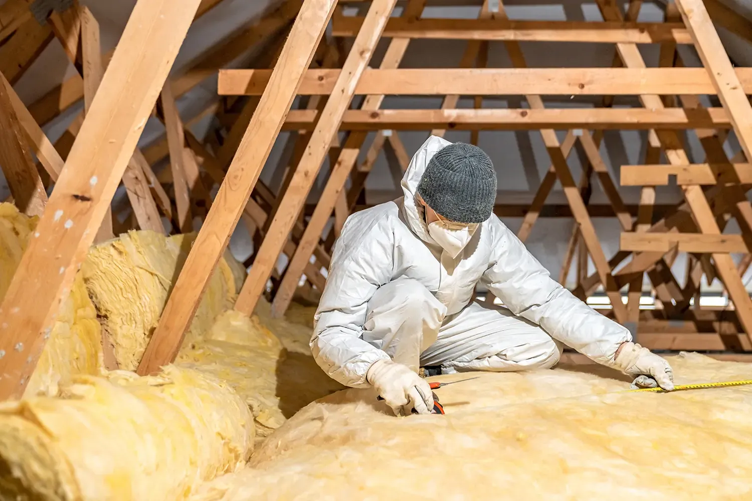 Man measuring loft insulation thickness to ensure proper installation and energy efficiency in a home